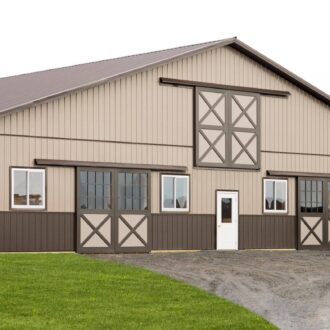 Barn with brown sliding loft and barn doors, Dutch windows, and entry door, featuring customizable colors and finishes.
