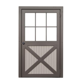 Dutch door with six-panel glass and crossbuck design, available in custom finishes. Features standard knob and hinge.