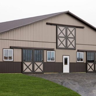 Barn with sliding barn doors, loft door, and Dutch windows, featuring various finish options and color contrasts.