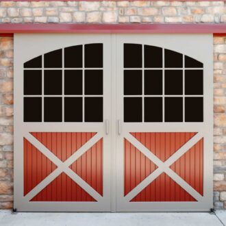 Sliding carriage doors with red wood panels, crossbuck design, and upper glass panes on brick wall.