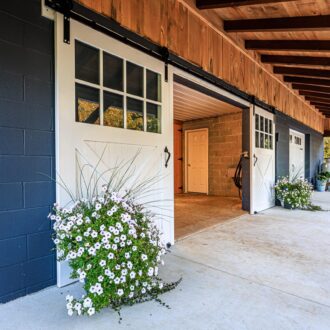 White sliding barn doors with glass panes, black handles, and decorative plants, enhancing rustic charm and functionality.