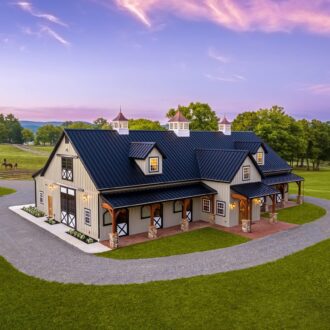 Beautiful barn with black sliding loft and barn doors, and Dutch stall doors. Features include custom finish and protective stall grills.