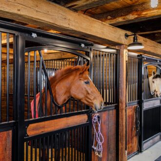 Horse stall with black protective grills and wooden finish, featuring sliding barn doors and premium hardware.
