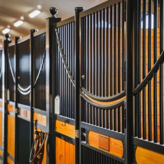 High-quality barn interior with black protective stall grills and wood finish, showcasing custom design features.