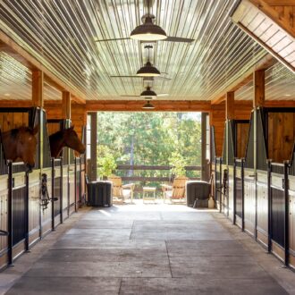 Horse stable with sliding barn doors and protective stall grills, wood finish, natural light, and outdoor view.
