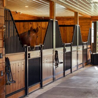 Horse stall with protective grills and wood panels, showcasing sliding barn doors. Rustic finish, natural light.