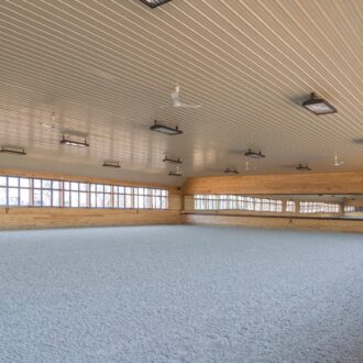 Indoor equestrian arena with large arena windows, wood finishes, and optimal lighting. 