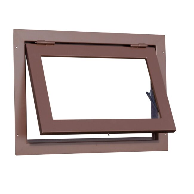 Brown awning window open, showcasing prop-out feature, versatile for homes and barns, with optional finish colors.