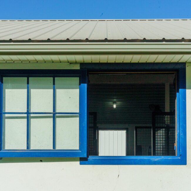 Blue-framed Dutch window, prop-out design, offers ventilation and security with optional protective mesh grill.