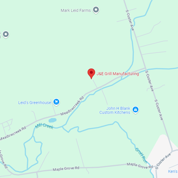 Map showing location of J&E Grill Manufacturing on Meadowcreek Rd near S Custer Ave.
