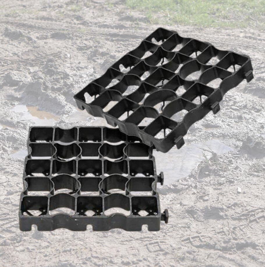 A set of HoofGrids, rugged, durable plastic grids designed to prevent mud and improve footing near barn entrances.