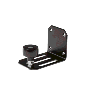 Black metal roller bracket for sliding barn doors, durable and sleek design, compatible with various finishes and colors.