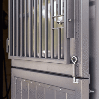 Modern dutch door with protective stall grills, customizable finish options, enhances ventilation and security.