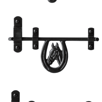 Dutch door bolt collection: three black sliding latches, featuring horse design and durable finish.