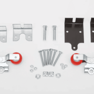 Trolley kit for wooden stall doors with red rollers, brackets, and screws on a white background. Durable and easy installation.
