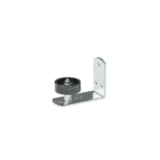 Sliding barn door rolling bottom guide bracket in stainless steel, designed for smooth operation and durability.