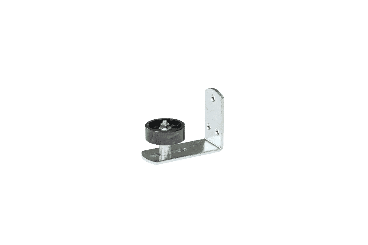 Sliding barn door rolling bottom guide bracket in stainless steel, designed for smooth operation and durability.