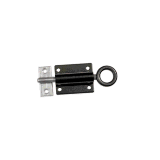 Black spring bolt latch for sliding barn doors, enhances security and style in versatile metal finish. Ideal for carriage doors.