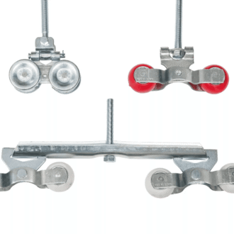 Sliding barn door hardware set featuring durable trolleys for smooth operation, compatible with various door finishes.