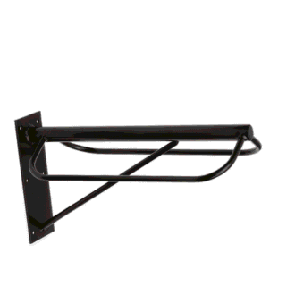 Black powder-coated metal wall saddle bracket.