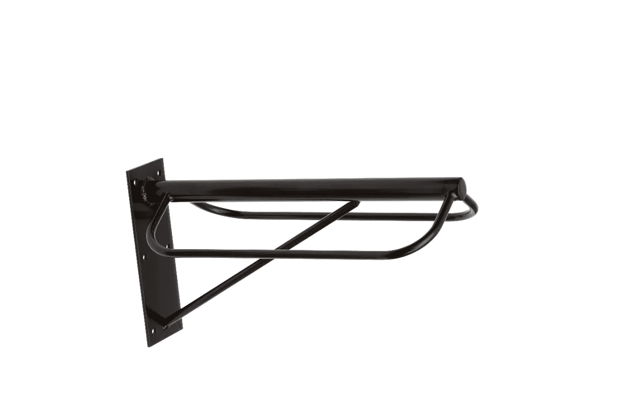 Black powder-coated metal wall saddle bracket.