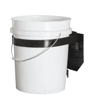 Metal bucket holder in a black finish shown holding a 5 gallon plastic bucket.
