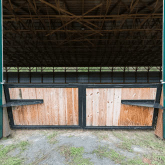 Barn with custom sliding barn doors and half-open Dutch doors, showcasing rustic wood finish and green framing.