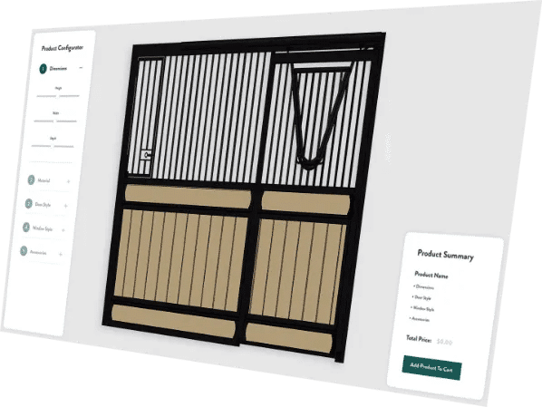 Design your own stall fronts for your barn with protective stall grills, beige panels, and black frame. 