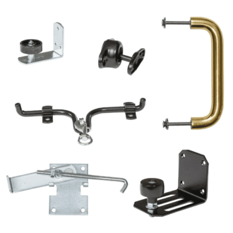 Sliding barn door hardware set in various finishes, featuring handles, rollers, and brackets for durable installation.
