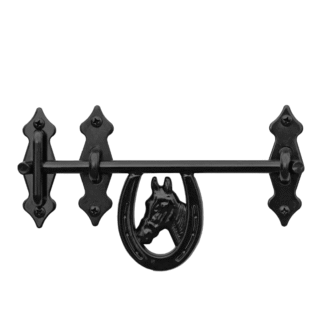 Decorative black iron sliding latch with horsehead design. Elegant and durable hardware.