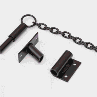 Black pin latch set with chain for sliding barn doors and carriage doors, enhancing security and style options.