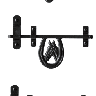 Decorative black sliding latch set for sliding barn and carriage doors with horse and horseshoe design, durable finish.