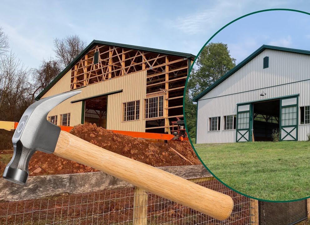 A barn under construction with sliding barn doors, transition to finished barn with green trim. Includes entry doors.