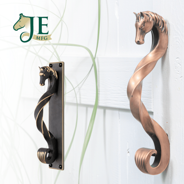 Horse-head design door handles for sliding barn doors, showcasing black bronze and copper finishes, and unique twist style, ideal for entry doors.