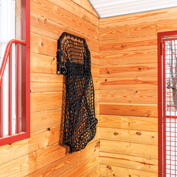 Folding easy-fill wall mounted haynet with knotless, heavy duty net. Shown in the folded position.
