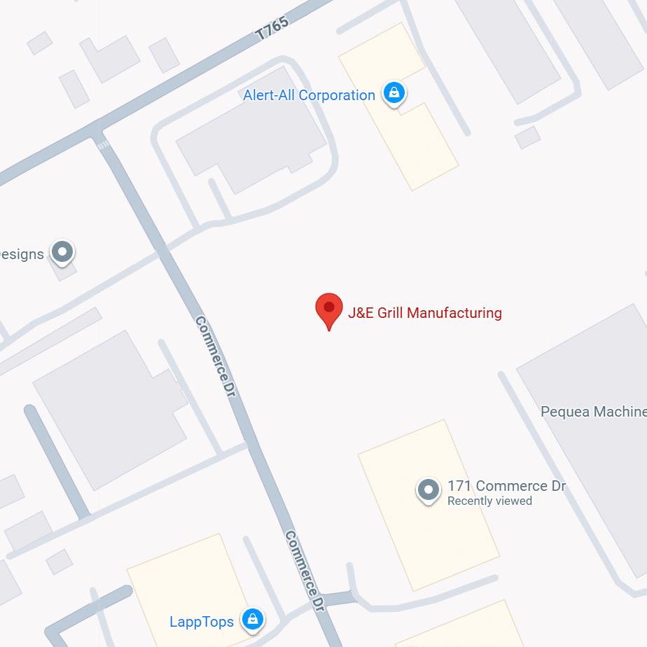 Map image showing J&E Grill Manufacturing on Commerce Dr near Orlan Rd in New Holland, PA
